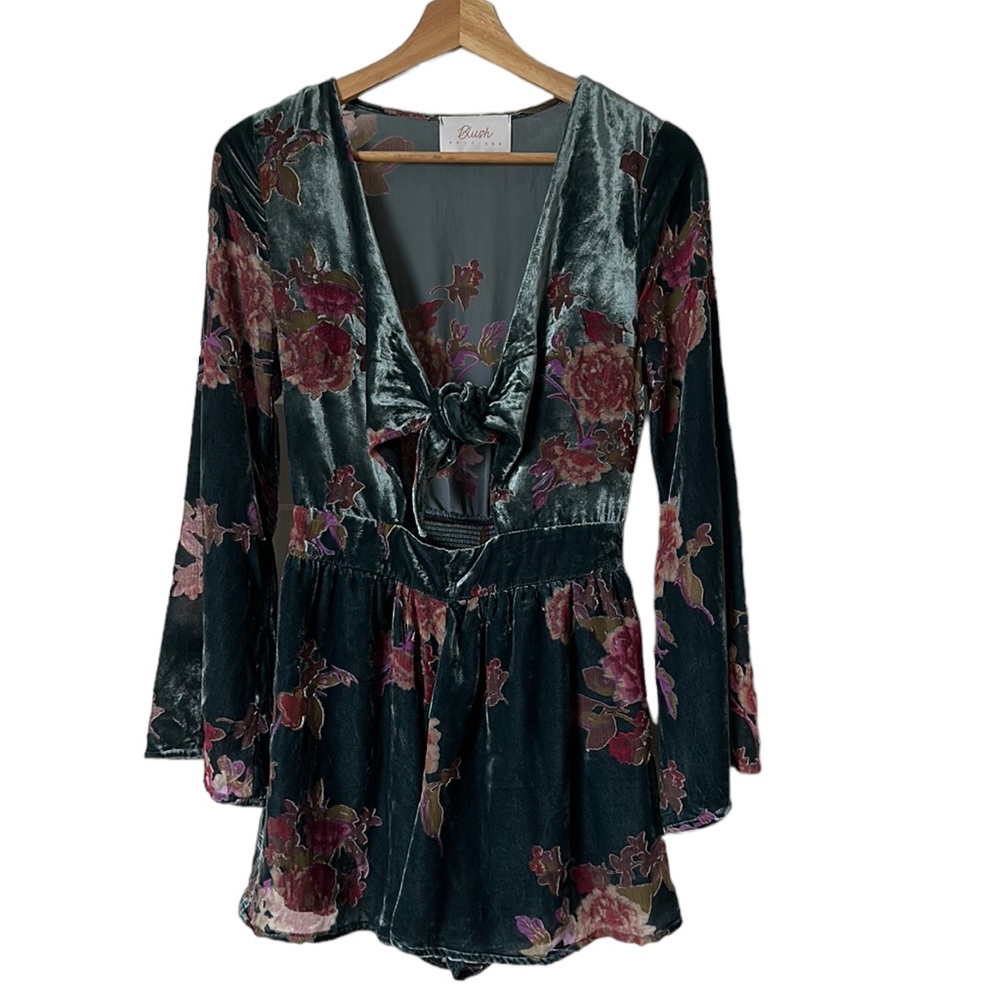 Blush Velvet Floral Jumpsuit - Green and Pink